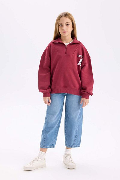 DeFacto Girls Oversize Wide Fit Zip-Up Stand Collar Printed Thick Sweatshirt with Soft Feather Inside D3357A8