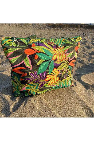 MER HOME Tropical Leaf Pattern Zippered Lined Beach Bag Casual Shoulder Bag