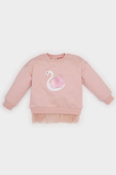 DeFacto Crew Neck Printed Soft Feather Baby Girl Sweatshirt - Hemline Detail D7208A524Wn