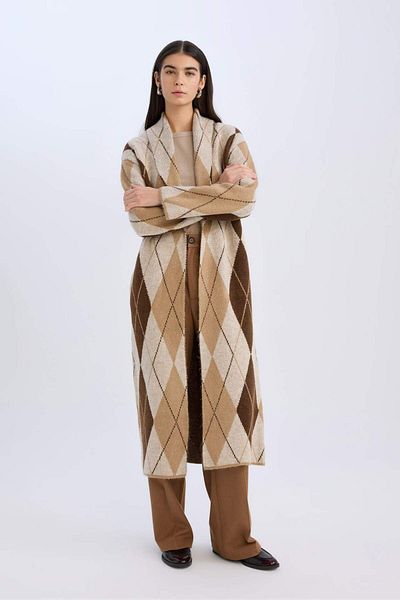 DeFacto Relax Fit Guler șal Tricotaj lungi cu model Argyle Cardigan D9811ax24wn