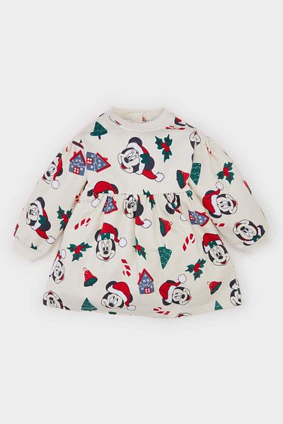 DeFacto Baby Girl Disney Mickey & Minnie Crew Neck Christmas Themed Long Sleeve Dress D7431A524Wn