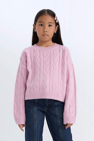 DeFacto Crop-Strickpullover mit Rundhalsausschnitt und geflochtenem Haar für Mädchen C9731a824au