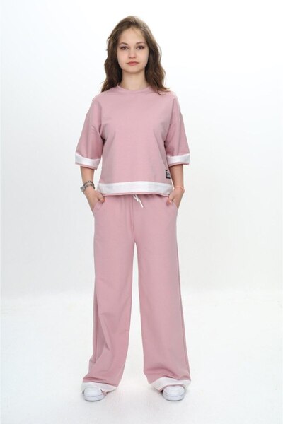 Asortix Girls' 100% Cotton Short Sleeve Garnished Three Quarter Sleeve 2 Thread Bottom & Top Tracksuit Set-285