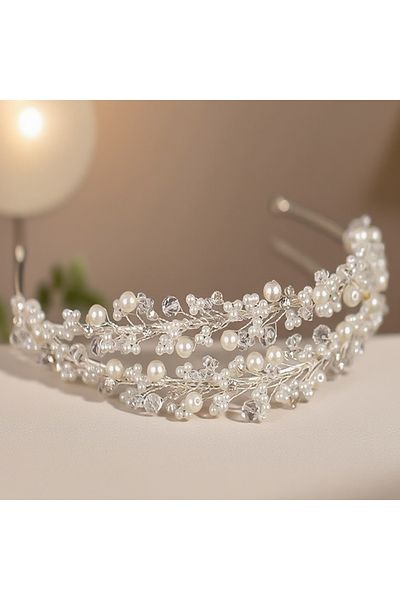Generic Elegant White Pearl Bridal Headdress, Bridal Headdress Double Row Pearl Headband