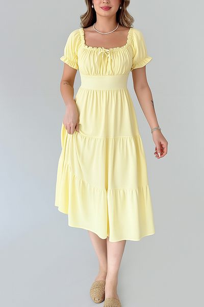 MILANOFOX Yellow Square/Madonna Collar Elastic Linda Ayrobin Midi Dress - Comfortable, Stylish and Casual Summer Model