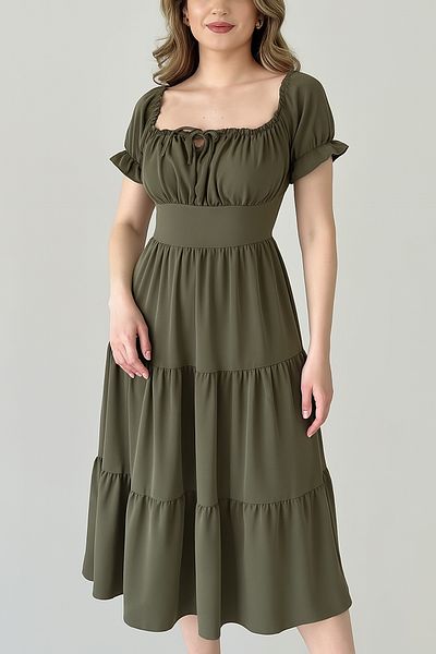 MILANOFOX Khaki Square/Madonna Neckline Elastic Linda Ayrobin Midi Dress - Comfortable, Stylish and Casual Summer Model