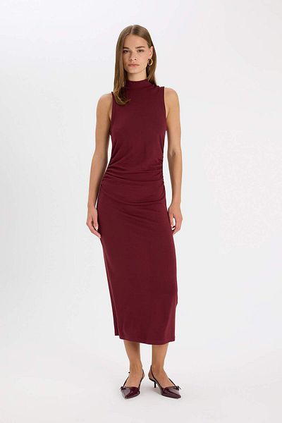 DeFacto Bodycon Rochie maxi roșie claret, fără mâneci, cu jumătate de gât, de bază, D5067AX24AU