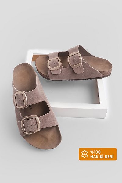 Marjin Papuci de zi cu zi pentru femei din piele naturală Papuci cu bandă dublă Eva Sole Poly Mink