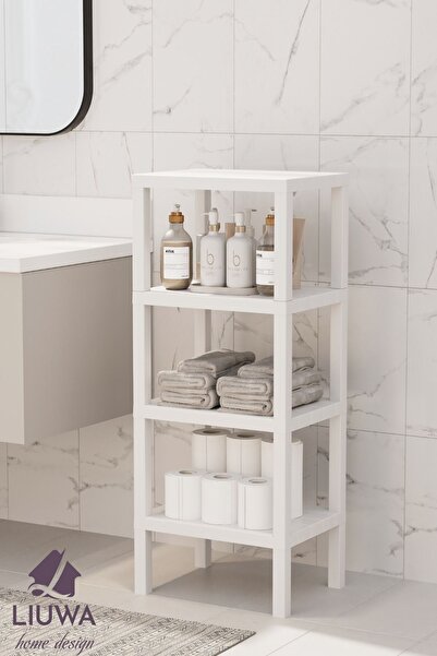 LIUWA Vesken Ombeg 4 Katlı Ahşap Görünümlü Plastik Raf Ünitesi Banyo Mutfak R...