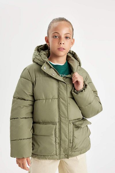 DeFacto Girls' Water Repellent down Jacket with Hood Fleece Lined Zipper Pocket C5490A824Au