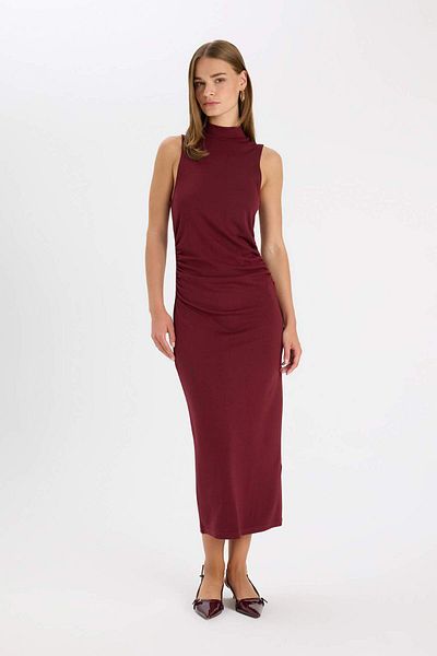 DeFacto Bodycon Rochie maxi roșie claret, fără mâneci, cu jumătate de gât, de bază, D5067AX24AU
