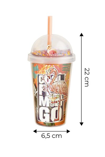 Kitchen Life Hand Non-Burning Double Layer Neon Flamingo Patterned Glass with Straw 600 ml – Fun Drink Cup