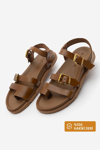 Marjin Women's Genuine Leather Flip Flop Buckle Daily Sandals Tusa Tan