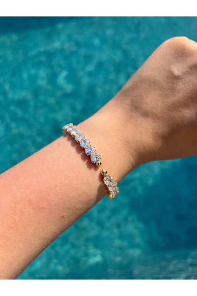 BEREN KILIÇ Gold Heart Detailed Zircon Stone Steel Bracelet Handcuff Gift Bracelet Gift for Friend Lover