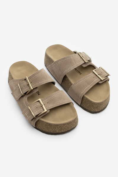 Marjin Dámské pantofle z pravé kůže s dvojitým pruhem z korku s vysokou podrážkou Roneta Mink Suede