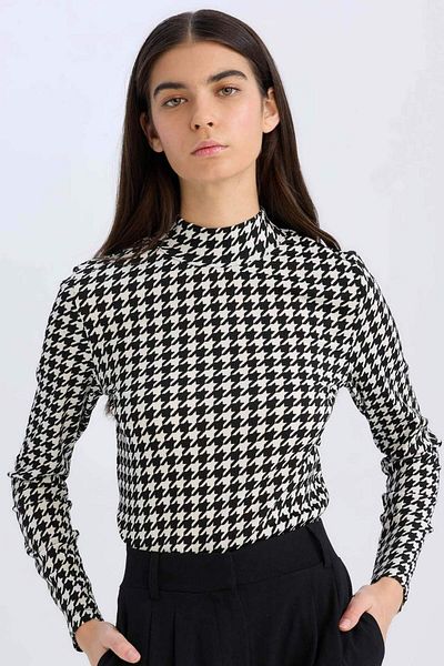 DeFacto Tricou cu mânecă lungă, slim fit, cu jumătate de gât țesut, cu picioare de gală, D9498AX24WN