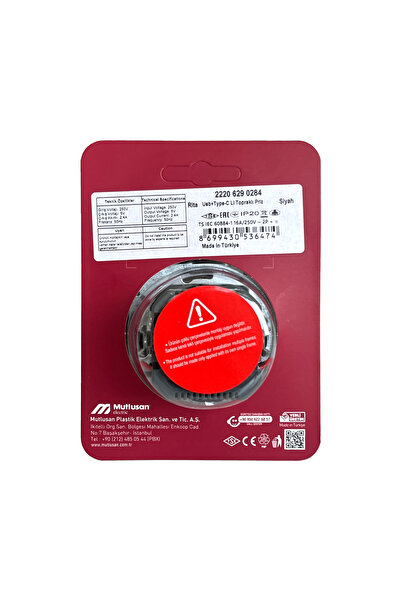 Mutlusan Rita Siyah USB + Type-C Topraklı Priz - 2.4A Hızlı Şarjlı