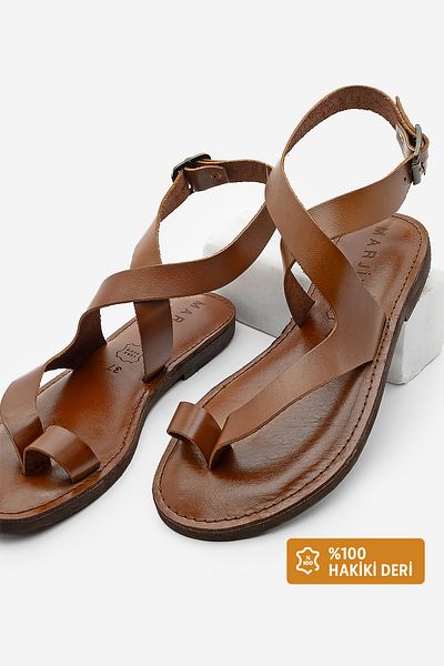 Marjin Damen-Sandalen aus echtem Leder – Flip-Flops, Knöchelriemen, lässig, Vidor Tan