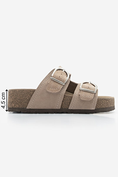 Marjin Béžové semišové dámské pantofle – pravá kůže, dvojité pásky a korkové podrážky Casual Zenpa