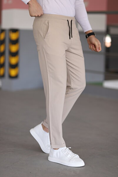 hello7 Erkek Bej Dar Kesim Duble Paça Likralı Esnek Kumaş Jogger Pantolon