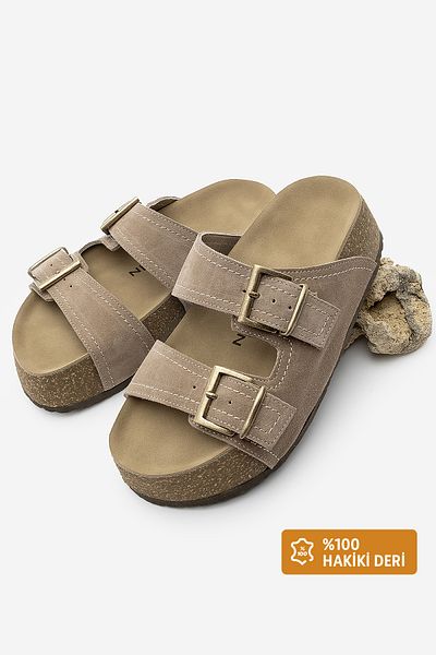 Marjin Women's Genuine Leather Double Banded Cork High Sole Daily Slippers Roneta Mink Suede