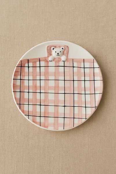 Anadolu Saray 1'Li 19cm Ceramic Plaid Design Lying Bear Shaped Handmade Pastry Plate Dessert Breakfast Pastry Plate