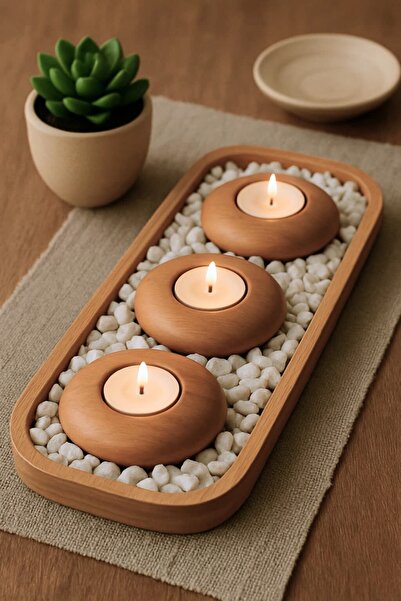 wooden hands %100 Doğal Ahşap Mumluk Seti | 3'lü Set | Dikdörtgen Tepsili ve ...
