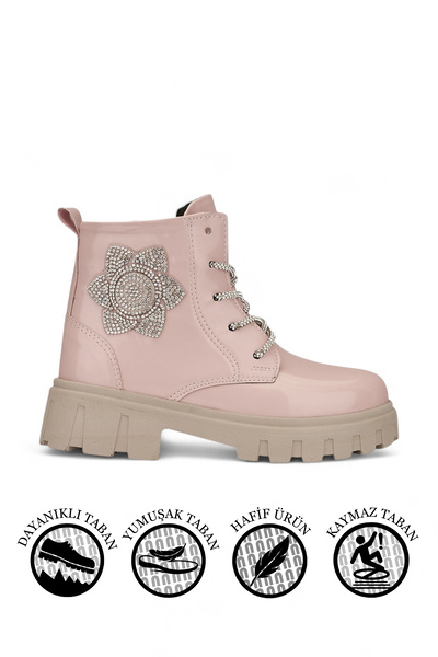 İmerShoes Günlük Çocuk Bot Pudra Rugan Çiçekli Taşlı Bağcıklı Fermuarlı Rugan Kalın Tıtrıklı Taban Bootie 600