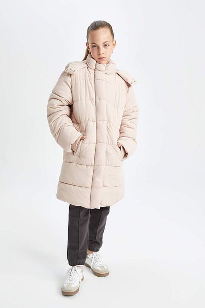 DeFacto Girls' Water Repellent Hooded Zipper Snap Closure Pocket Parka C8474A824Au