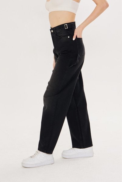 Shield Life ALLEY Yandan Çift Kemerli Siyahi Kadın Jean Kot 2025 Yeni Model Pantolon Geniş Paça Oversize Model