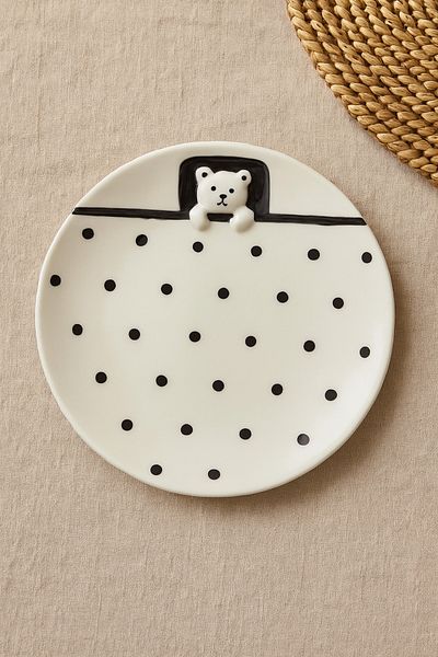 Anadolu Saray 1 Piece 19cm Ceramic Polka Dot Design Lying Bear Shaped Handmade Cake Plate Dessert Breakfast Plate