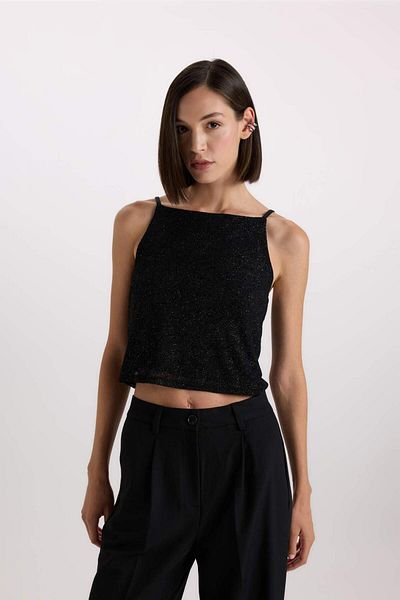 DeFacto New Year's Themed Slim Fit Slim Fit Tulle Sling Blouse D9844Ax24Au
