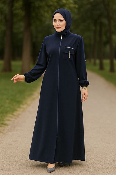 Neva Style عباية حجاب باللون الأزرق الداكن بسحاب 61361L
