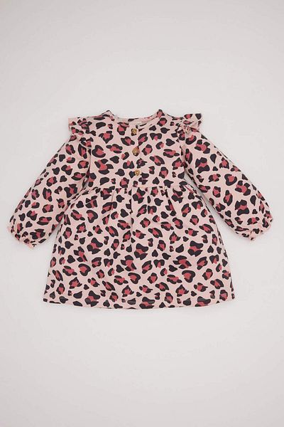 DeFacto Rochie cu mânecă lungă cu nasturi cu decolteu rotund cu imprimeu leopard pentru fetițe D7423A524WN