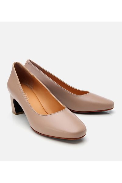 Hotiç Women's Leather Beige Comfortable Thick Heeled Shoes