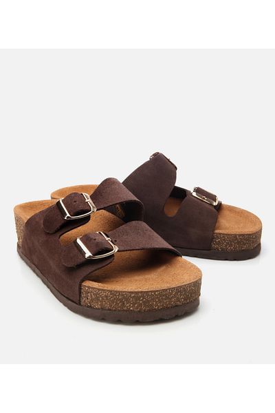 Hotiç Women's Suede Leather Brown Adjustable Flat Slippers