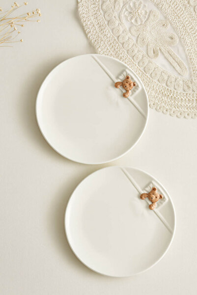 Anadolu Saray 2'li Beyaz 19cm Seramik Yatan Ayı Şekilli Tasarım Handmade Pasta Tabağı Tatlı Kahvaltı Pasta Tabağı