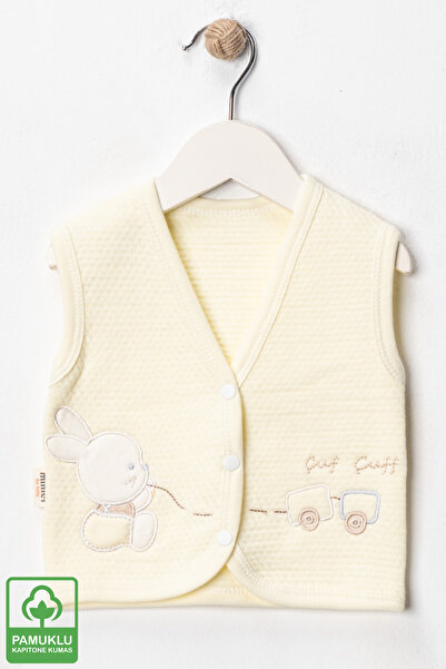 Miniel Unisex Baby Rabbit Embroidered Organic Cotton 3-6-9 Months 2-Piece Quilted Baby Vest - Yellow