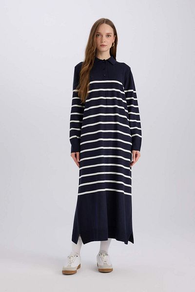 DeFacto Rochie de tricot maxi cu dungi cu decolteu polo, cu croiala normală A9801AX24WN