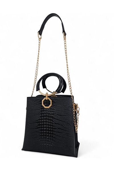 Evident Black Iguana Patterned Ring Handle Hand and Shoulder Women's Bag