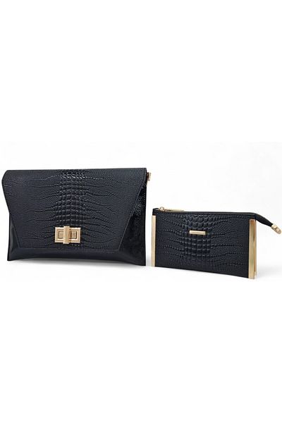 Evident Black Iguana Patterned Women's Clutch & Clutch Bag Set (30 X 20) _ (19 X 11) Cm.