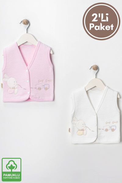Miniel Baby Girl Rabbit Embroidered Organic Cotton 3-6-9 Months 2-Piece Quilted Baby Vest - Pink