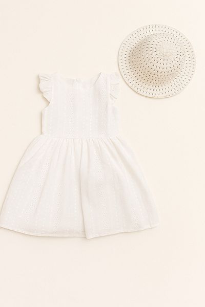 ESİLA KİDS Rochie pentru fete Rochie de vară fără mâneci din dantelă cu combinație de pălărie Set de plajă Ecru Rochie casual 2-7 ani