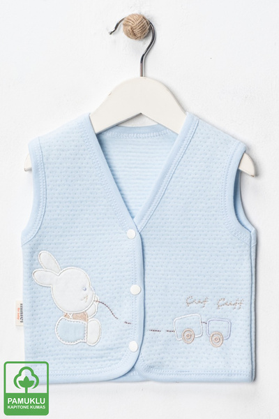 Miniel Baby Boy Rabbit Embroidered Organic Cotton 3-6-9 Months 2-Piece Quilted Baby Vest - Blue