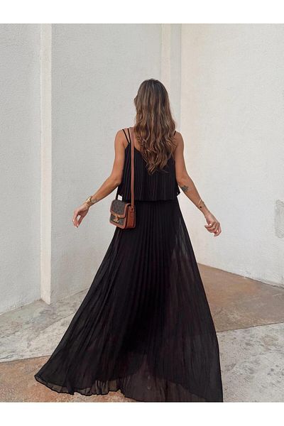 Maldia Shop Women's Pleated Chiffon Black Dress