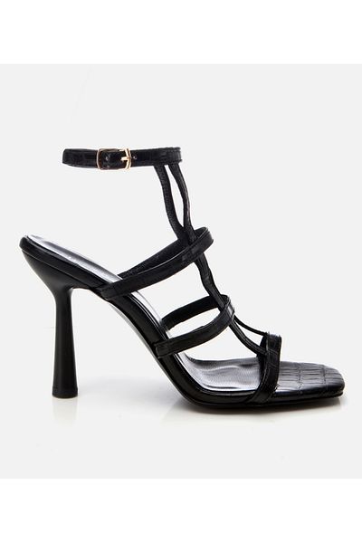 Hotiç Women's Leather Black Crocodile Patterned Heeled Sandals