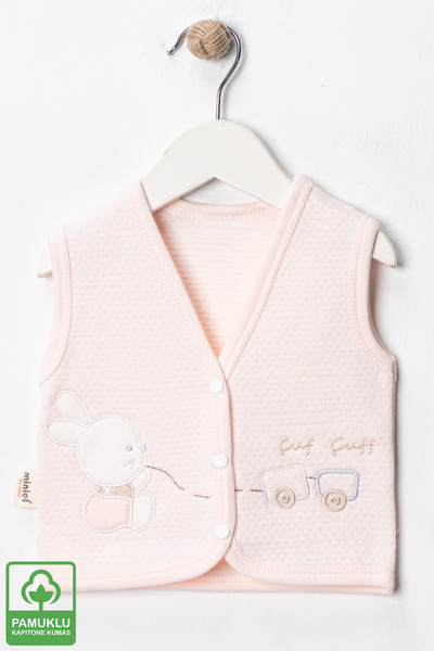 Miniel Baby Girl Rabbit Embroidered Organic Cotton 3-6-9 Months 2-Piece Quilted Baby Vest - Salmon