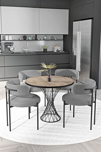 AVVİO Metal Teddy Sandalye 90x90 Yuvarlak Hasır Ayak Mutfak Masası Takımı Yem...