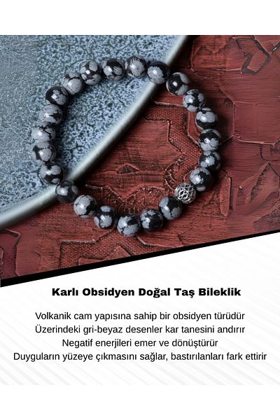 Saff Doğal Taş Certified Snowy Obsidian Silver Apparatus Bracelet