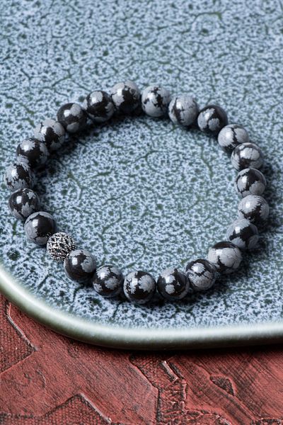 Saff Doğal Taş Certified Snowy Obsidian Silver Apparatus Bracelet